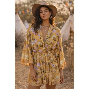 World Market Floral Kimono Wrap Dress Boho Mustard Yellow Belted Resort Boho
